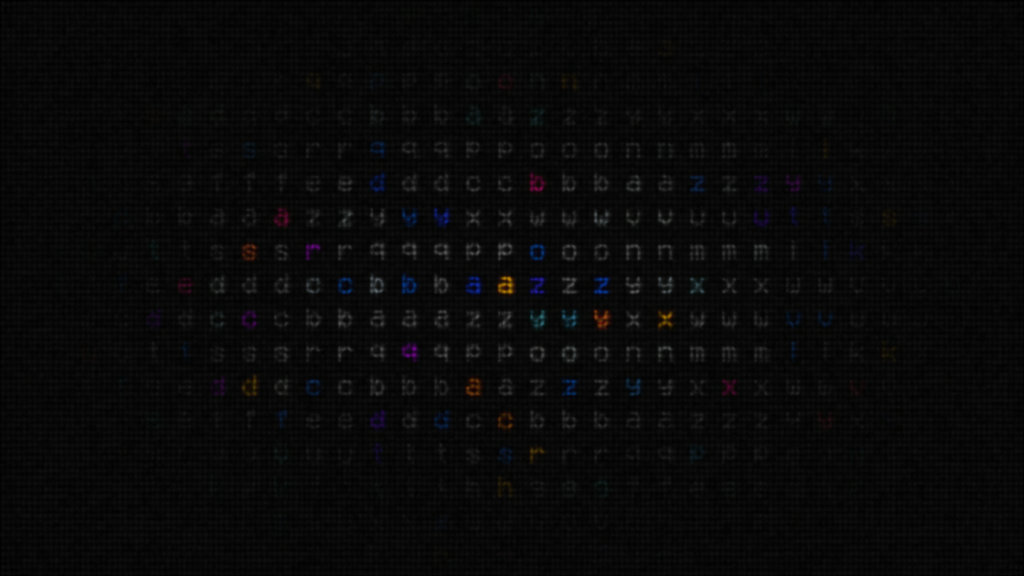 Pikselerte bokstaver fader ut i svart. Grafisk.