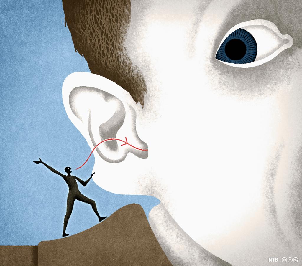 En liten person roper inn i øret til en lyttende mann. Illustrasjon.