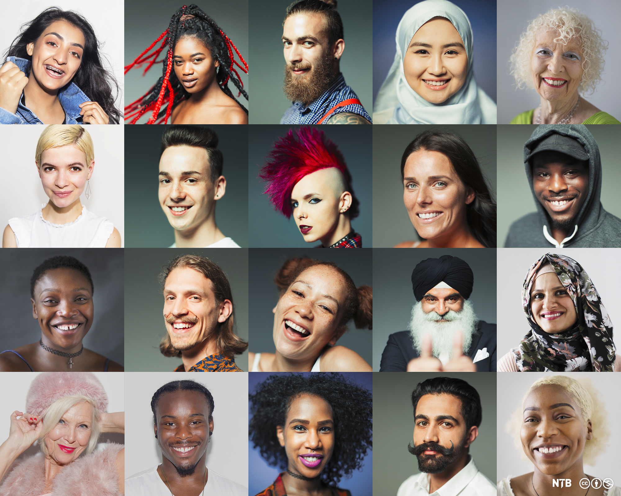 Portrett av mange forskjellige menneske med blant anna ulik hudfarge, hårfrisyre, klesdrakt og ulikt ansiktsuttrykk. Foto.