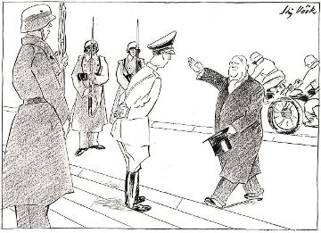 Quisling gir nazihelsing til ei tysk vakt. Han har utstrakt arm. Illustrasjon. 