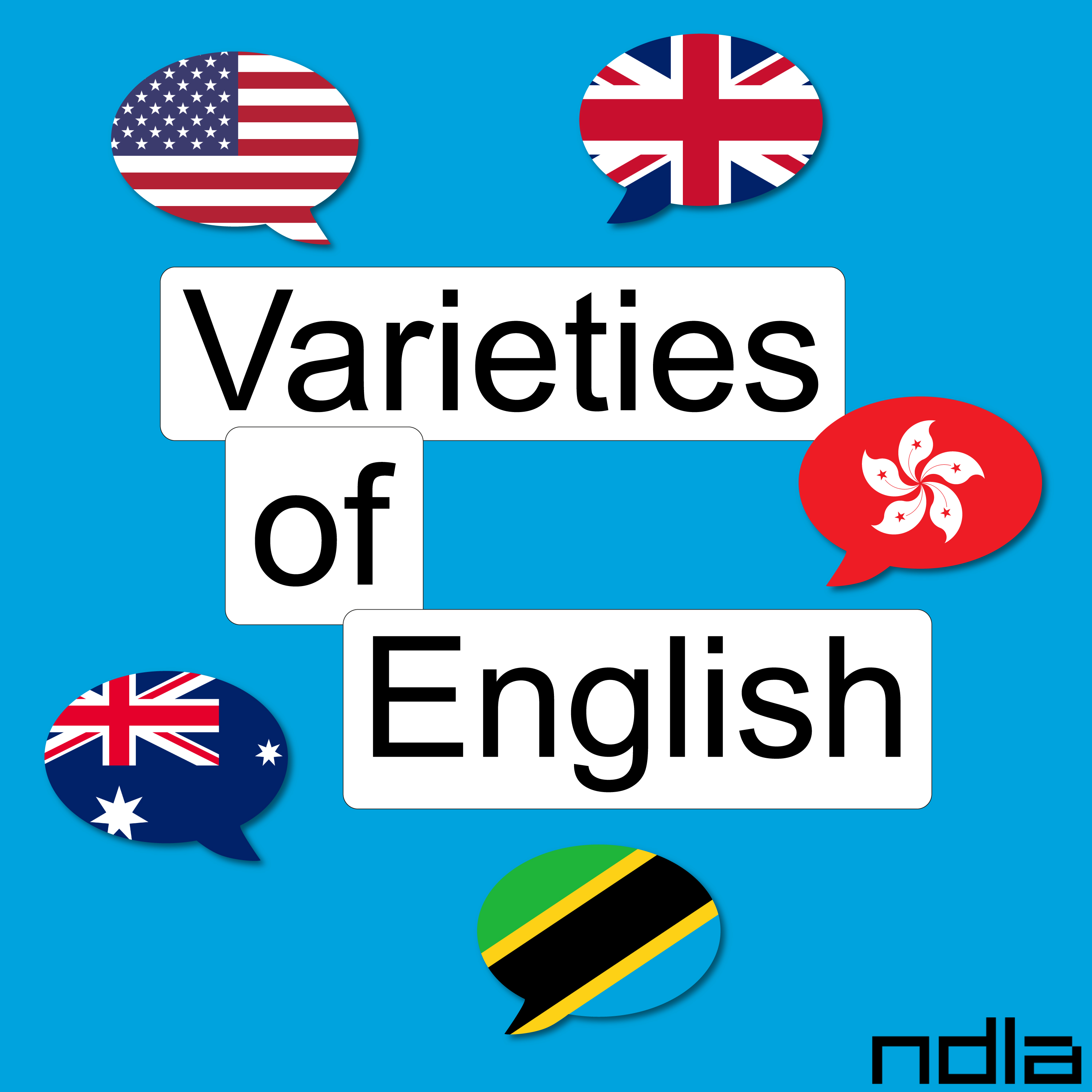 Illustration: Five flags inside speech bubbles are surrounding the title: 'Varieties of English'