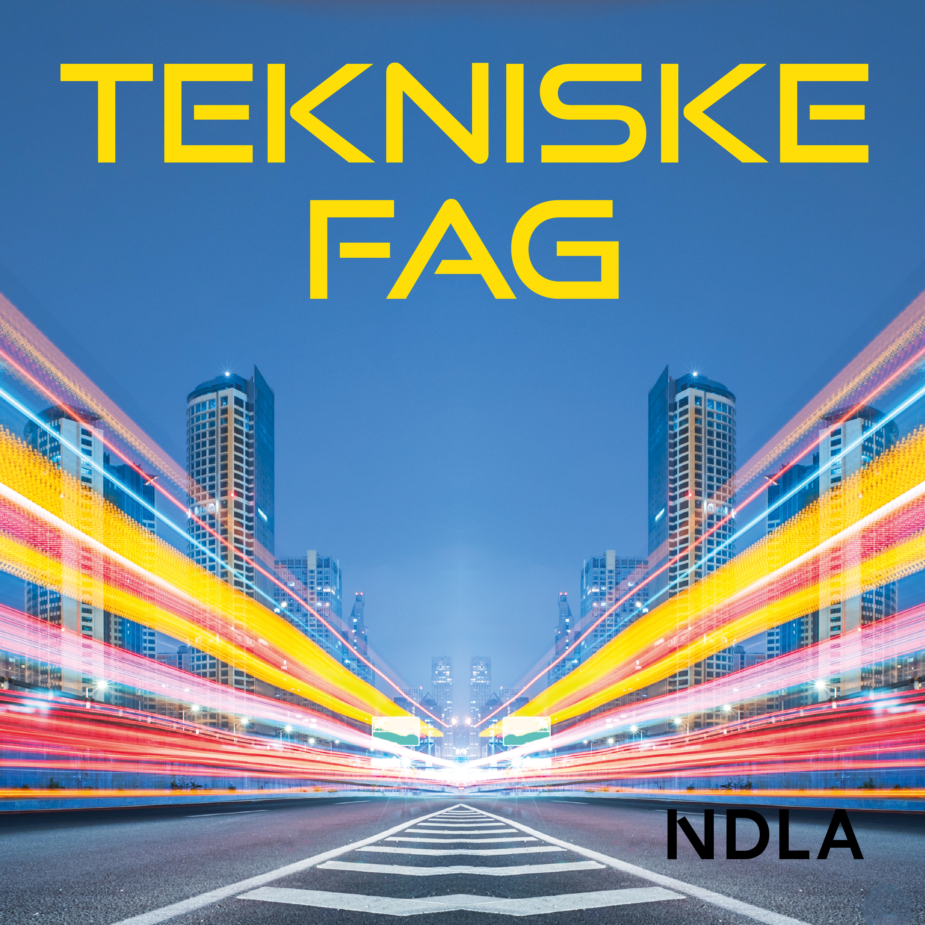 Logo for podkastserie. Stilisert bilde av ein motorveg. Fargerike linjer på kvar side av vegen fører inn til sentrum av ein storby. Øvst står tittelen "Tekniske fag". Foto.