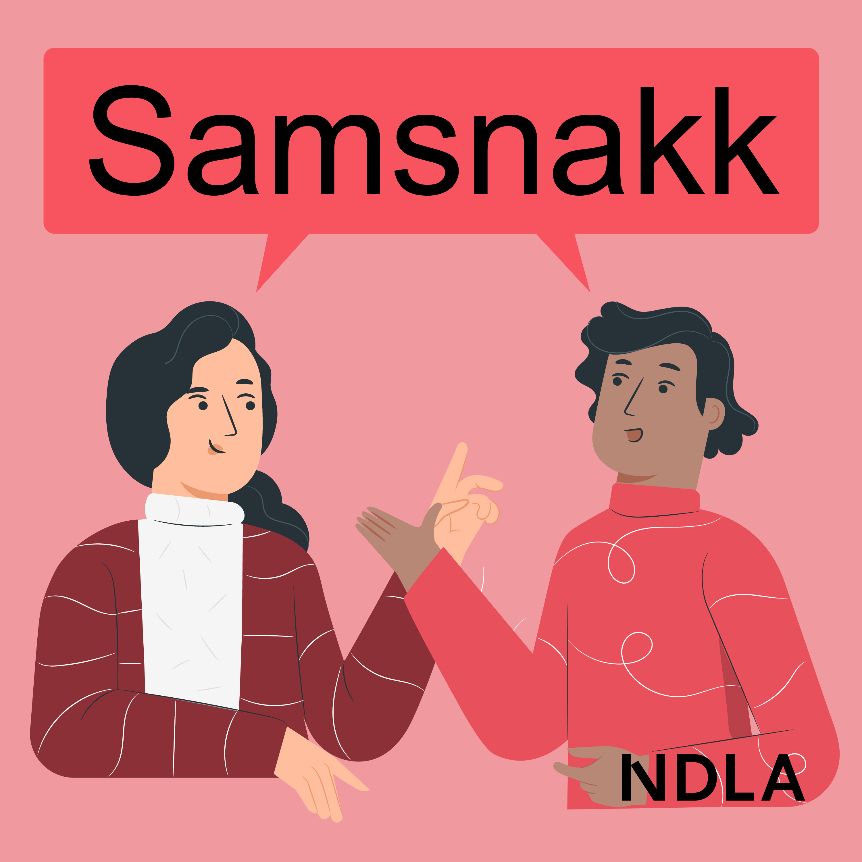 To personer snakker sammen. Over dem er det ei snakkeboble der det står "samsnakk". Illustrasjon.