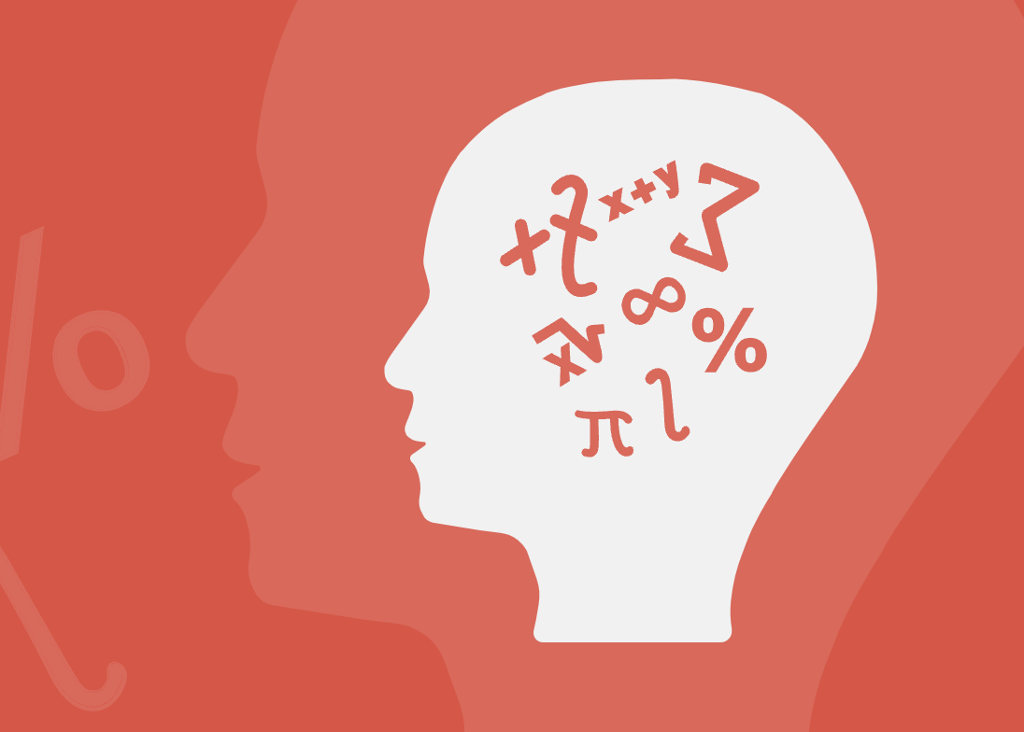 Siluett av hode med matematiske tegn inne i. Illustrasjon. 