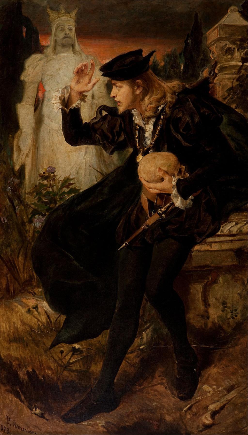 An oil painting showing Hamlet as he meets the ghost of his father. The ghost is clad in white, while Hamlet is wearing dark clothes. He's holding a skull. 