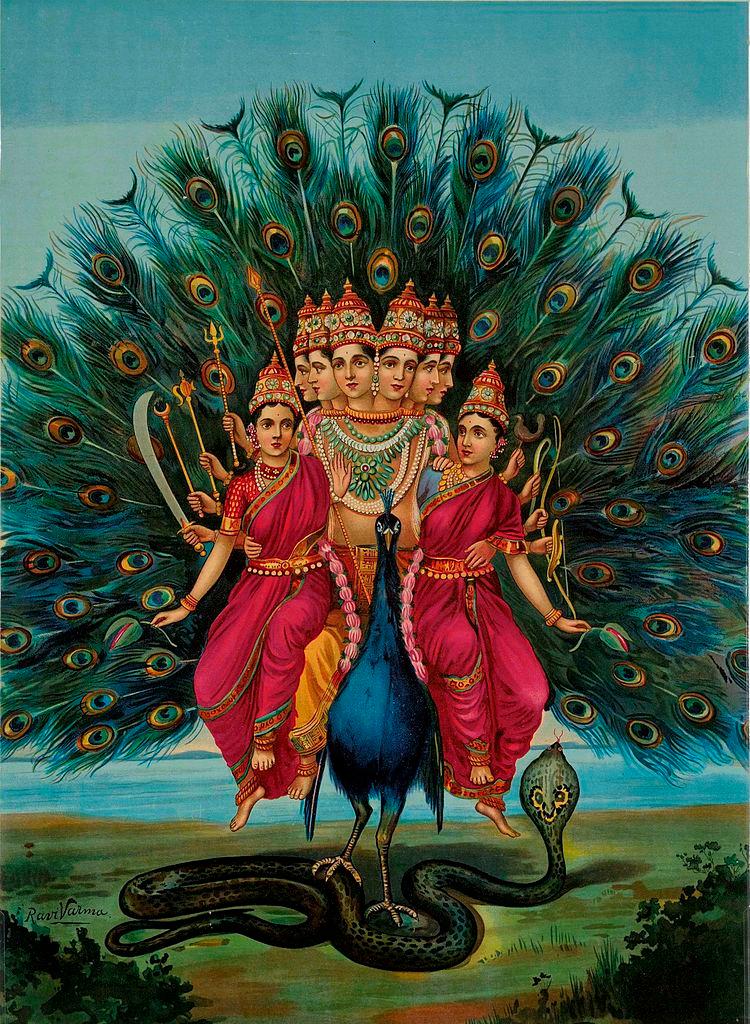 Mann med seks hoder og mange armer sitter på en påfugl sammen med to kvinner. Maleri.  