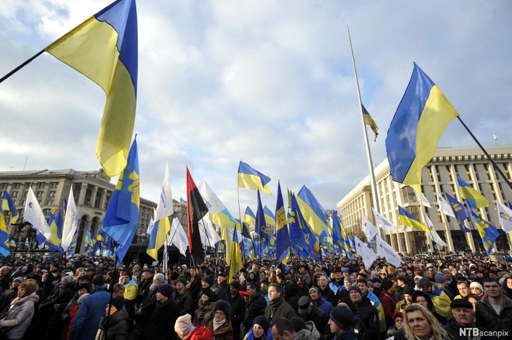 Demonstrasjon i Kiev med ukrainske flagg. Foto. 