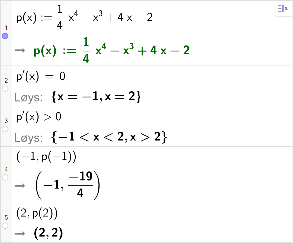 CAS-utrekning med GeoGebra. På linje 1 er det skrive p av x kolon er lik ein firedels x i fjerde minus x i tredje pluss 4 x minus 2. Svaret er det same. På linje 2 er det skrive p derivert av x er lik 0. Svaret med "Løys" er x er lik minus 1 eller x er lik 2. På linje 3 er det skrive p derivert av x større enn 0. Svaret med "Løys" er minus 1 mindre enn x mindre enn 2 eller x større enn 2. På linje 4 er det skrive parentes minus 1 komma, p av minus 1 parentes slutt. Svaret er parentes minus 1 komma, minus 19 firedelar parentes slutt. På linje 5 er det skrive parentes 2 komma, p av 2 parentes slutt. Svaret er parentes 2 komma, 2 parentes slutt. Skjermutklipp.
