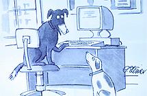 Ein hund framfor ein PC forklarer ein annan hund at ingen på internett veit at du er ein hund. Illustrasjon.