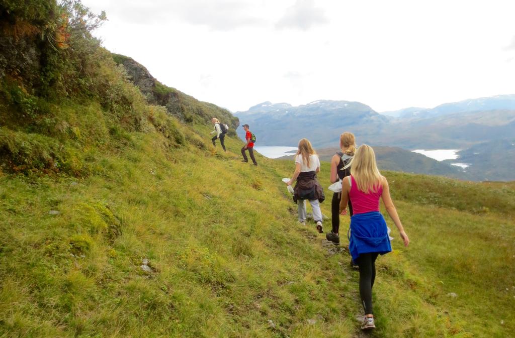 Sommarkledd ungdom på tur i fjellet. Foto.