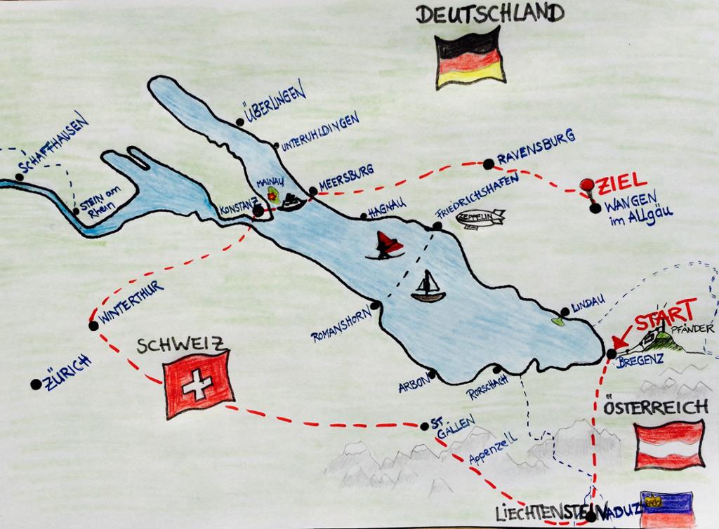 Kart over Bodensee-området i Tyskland, Østerrike, Sveits. Tegning.