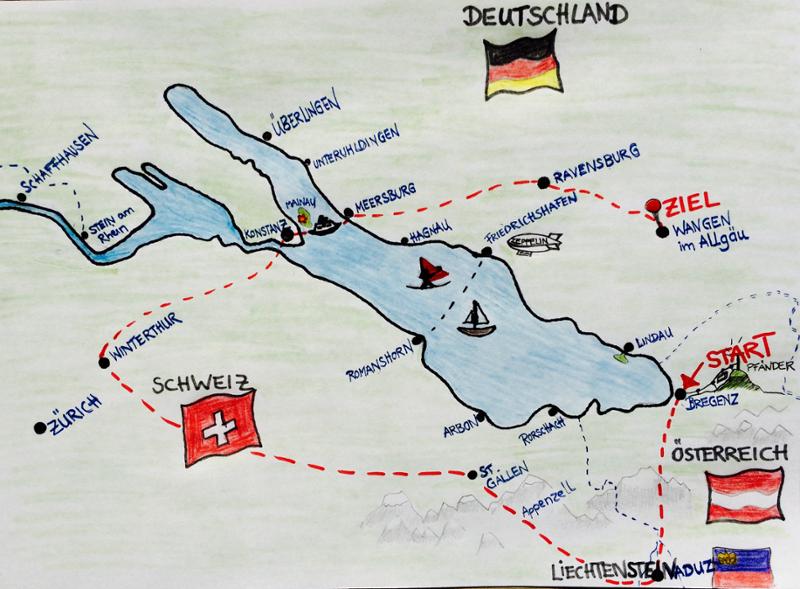 Karttegning som viser Bodensjøen-området i  Mellom-Europa, med Østerrike og Liechtenstein i øst, Sveits i sør og vest og Tyskland i vest og nord. Det er tegna inn ei reiserute som starter i byen Bregenz i Østerrike og som går via Liechtenstein og Sveits og ender i den vesle byen Wangen i Tyskland.