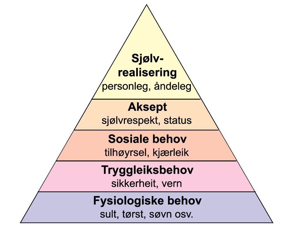 Maslows behovspyramide med fem nivå. Nedst fysiologiske behov, som sult, tørst, søvn, deretter tryggleiksbehov, så sosiale behov, vidare behov for aksept og øvst behov for sjølvrealisering. Illustrasjon.