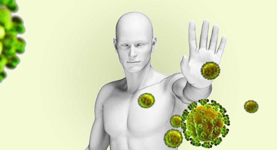 Person som holder opp hånd for å stoppe grønne virus. Illustrasjon.