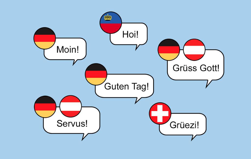 Snakkebobler med ulike hilsener i de ulike tysktalende land. Grafikk.
