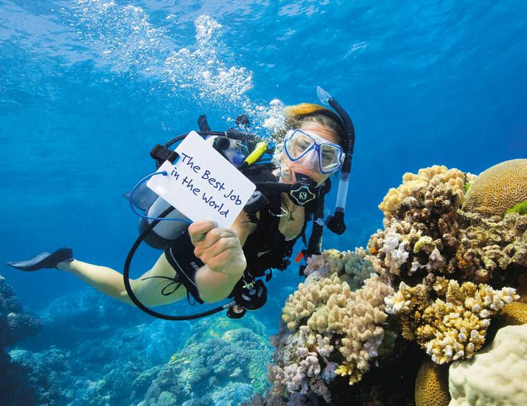En dykker svømmer foran et korallrev og holder opp en lapp hvor det står "verdens beste jobb". Foto.
