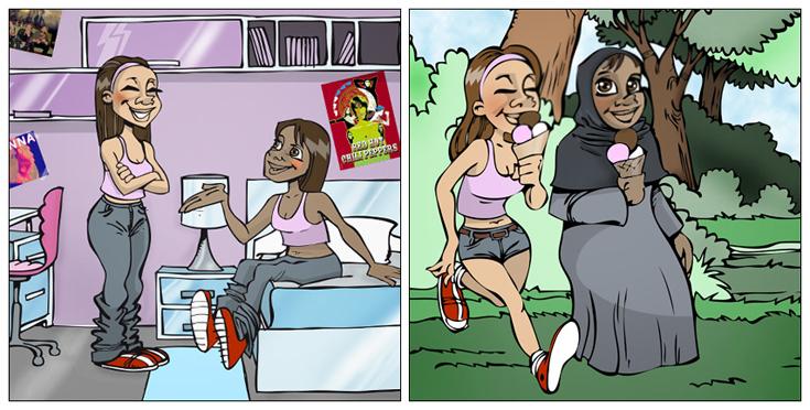 To illustrasjoner der den første viser to jenter med like klær og ulik hudfarge som smiler og ler inne på et jenterom. Den neste  illustrasjonen viser jentene ute i naturen der de spiser is og smiler. Den ene er lettkledd, den andre tildekket. Illustrasjon.