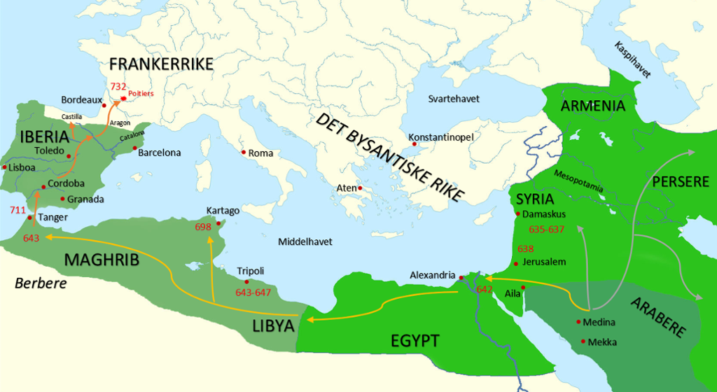 Historisk kart over korleis islam blei spreidd på 700-talet. Religionen oppstod i Midtausten, spreidde seg til Nord-Afrika og vidare til Spania.