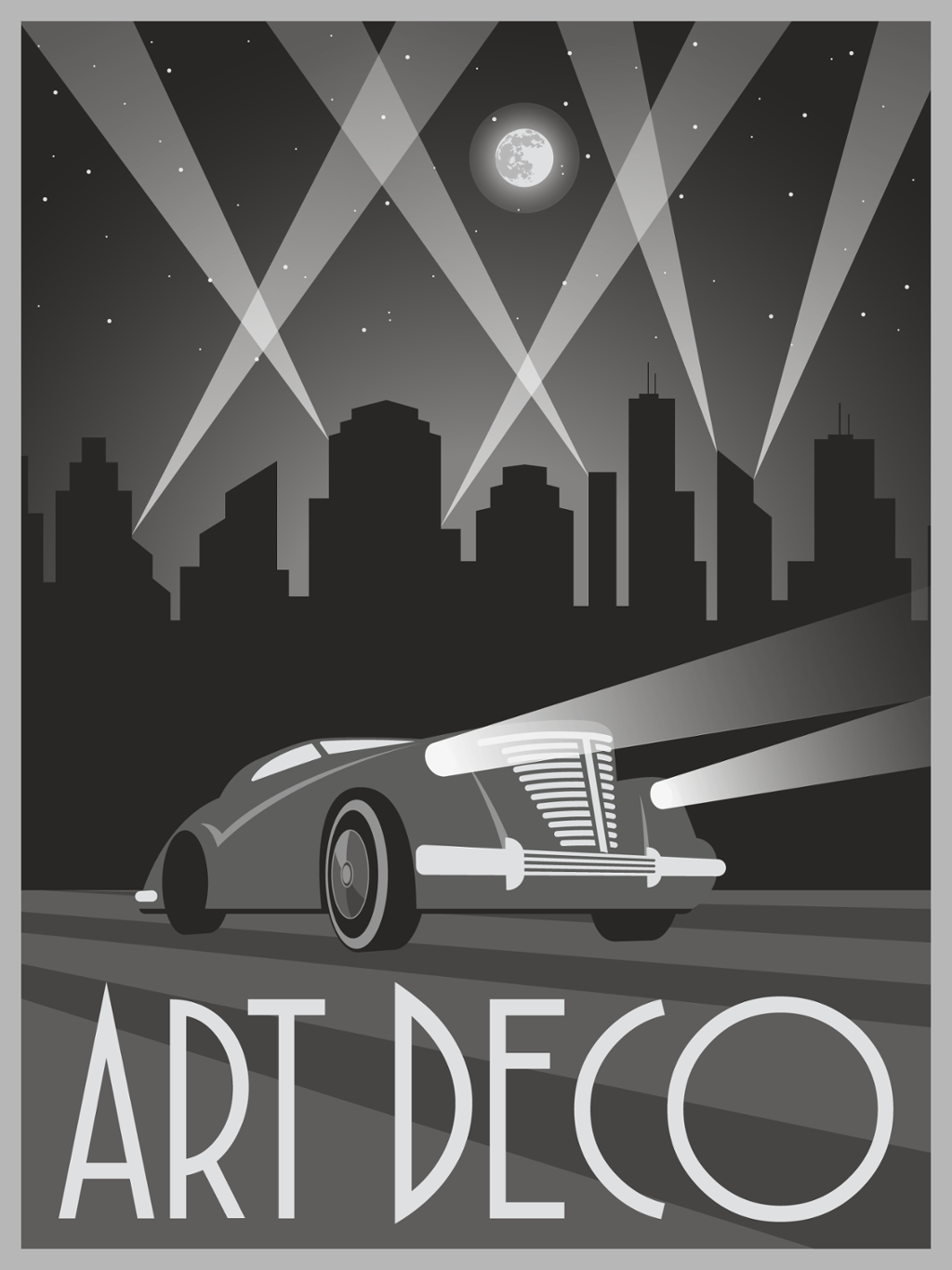 Art deco-inspirert plakat i svart-hvitt. Skyskrapere og lys i bakgrunnen, bil fra 30-tallet i forgrunnen. Illustrasjon. 