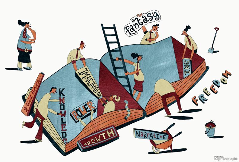 Teacher watches as pupils remove key-words from a gigantic book. There are ladders. The words removed are words like power, knowledge, narrative. Illustration. 