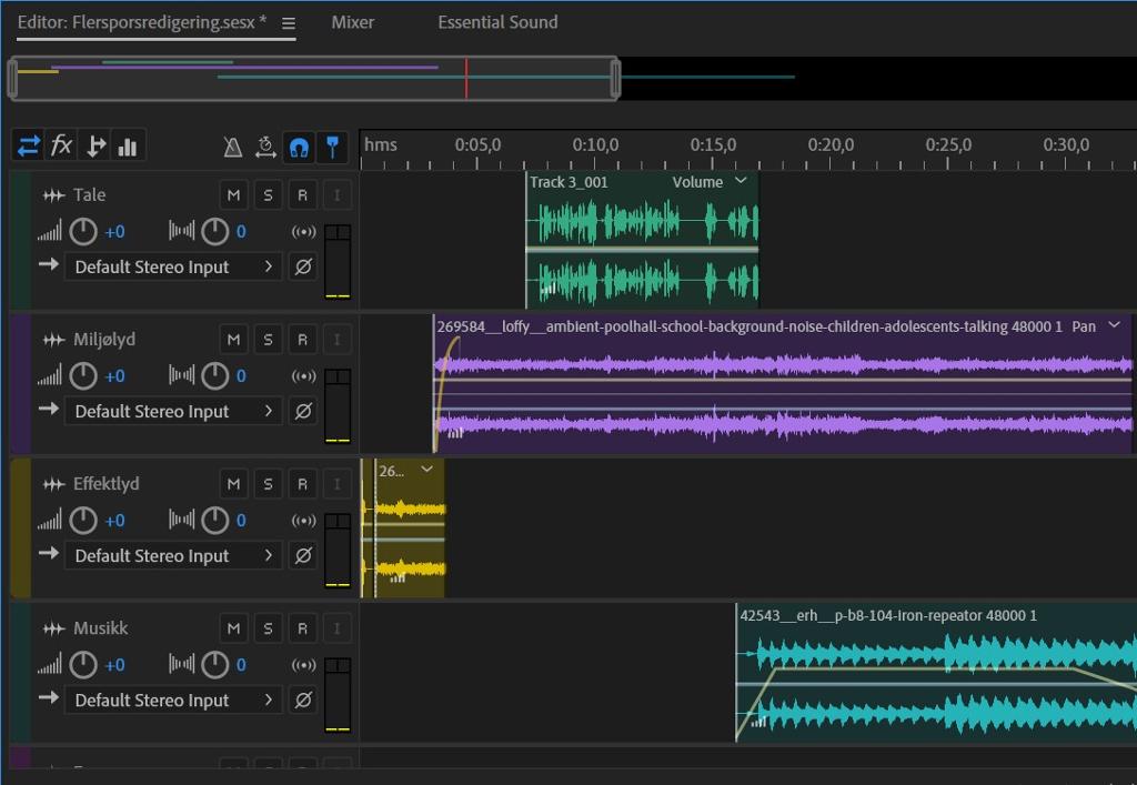 Redigeringsvindu som viser ei tidslinje med flere lydspor med ulike lydtyper under hverandre. Skjermbilde.