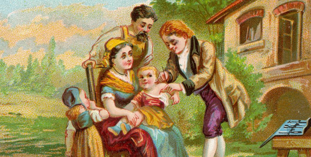 Edward Jenner vaksinerer en liten gutt. Grafikk.