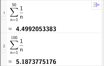 Skjermutklipp fra CAS i GeoGebra. Linje 1 finner summen av rekka 1 delt på n fra 1 til 50, svaret er 4,4992053383. Linje 2 finner summen av den samme rekka fra 1 til 100, svaret er 5,1873775176. 