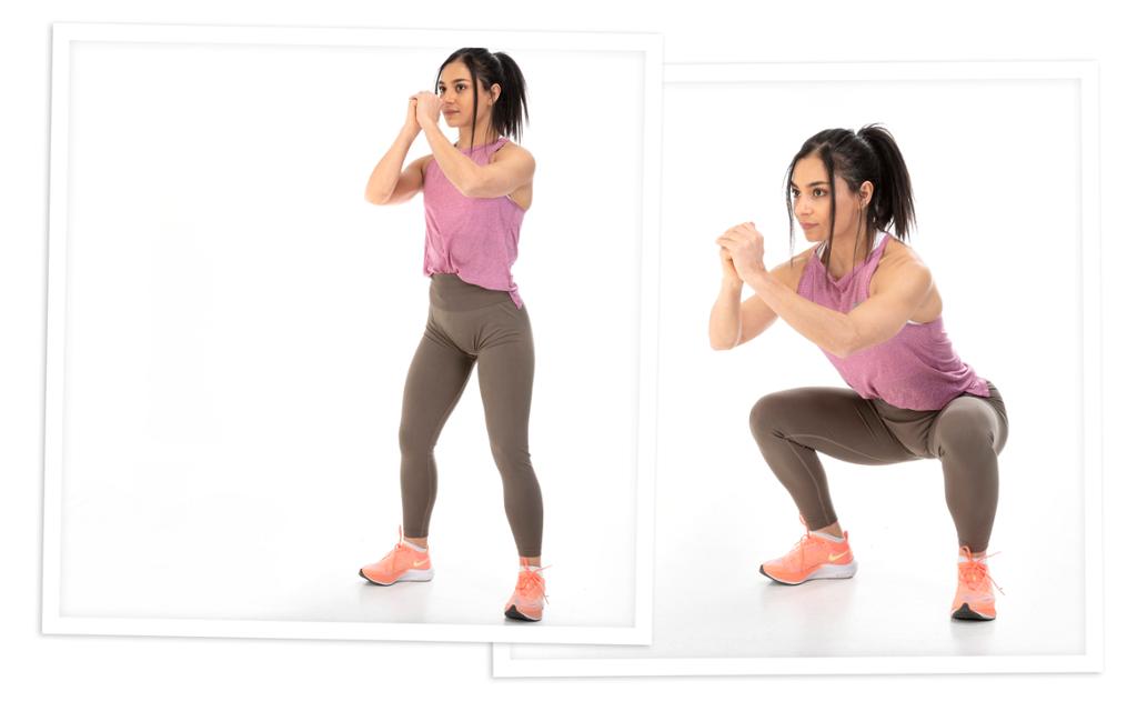 Jente i treningsklær tar frittstående knebøy uten vekter. Foto.