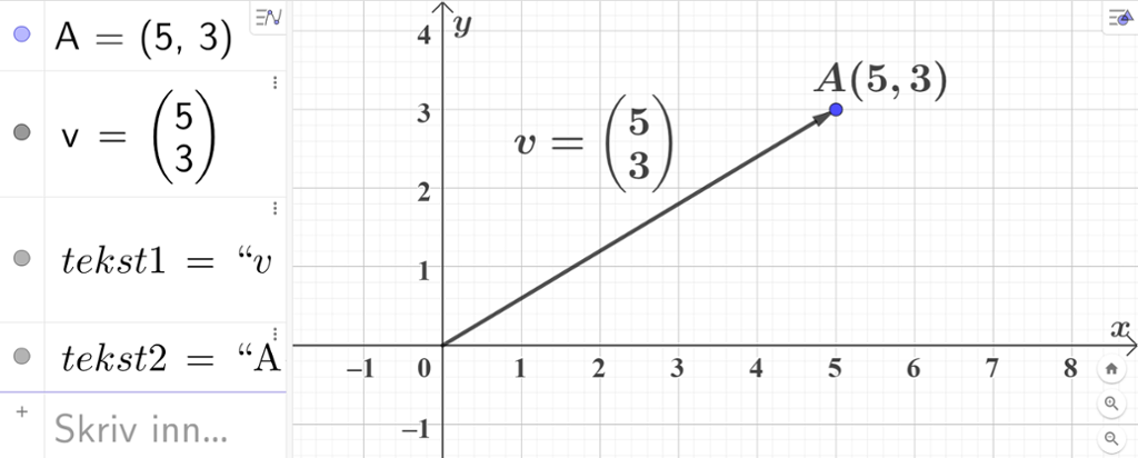 Koordinatsystem med eit punkt og ein vektor som begge har koordinatane 5 og 3. Skjermutklipp.