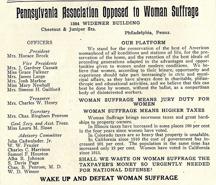 An ad from the Pennsylvania Association Opposed to Woman Suffrage, pointing out arguments against woman suffrage. 