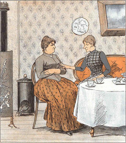 To kvinner konverserer i ei borgerlig stue. Illustrasjon.