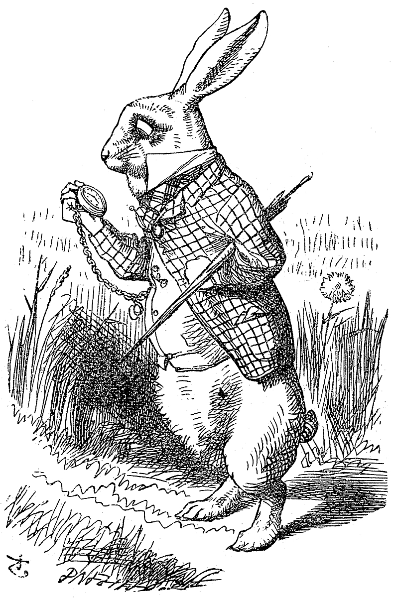 Pennetegning av ei velkledd kanin som ser på lommeuret sitt.