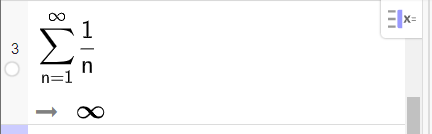 Skjermutklipp frå CAS i GeoGebra, ei linje.  Linje 3 finn summen av rekka 1 delt på n frå 1 til uendeleg. Svaret er uendeleg. 