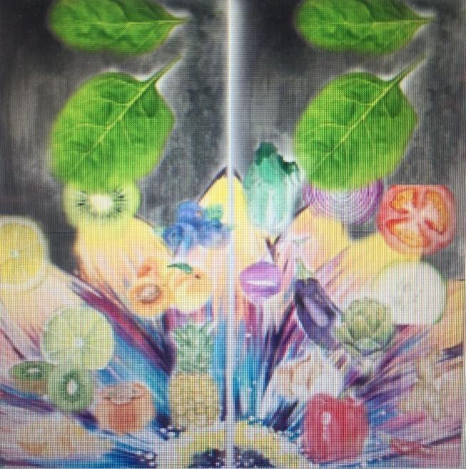 To lerret med komposisjon av frukt og grønnsaker. Maleri.