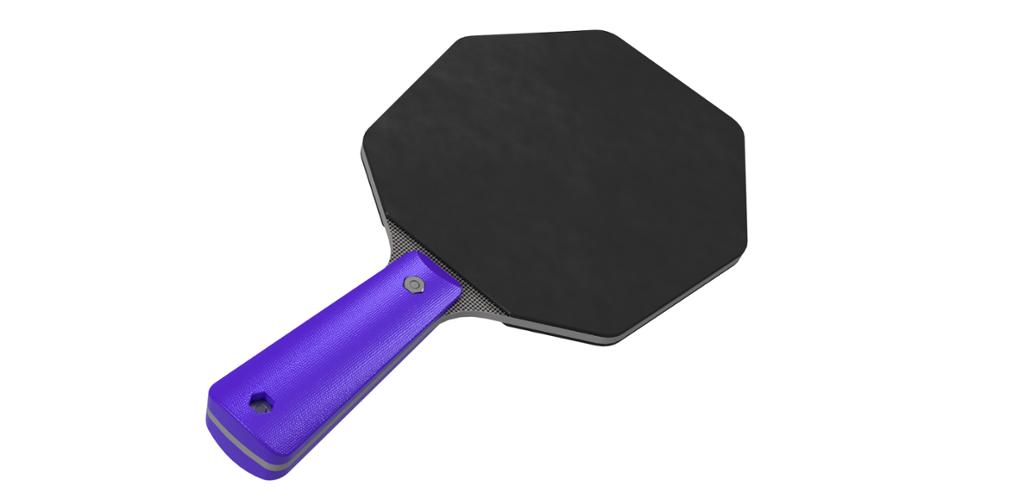 3D-modell av en rekkert. Den har lilla handtak og åttekanta, svart plate. Foto.