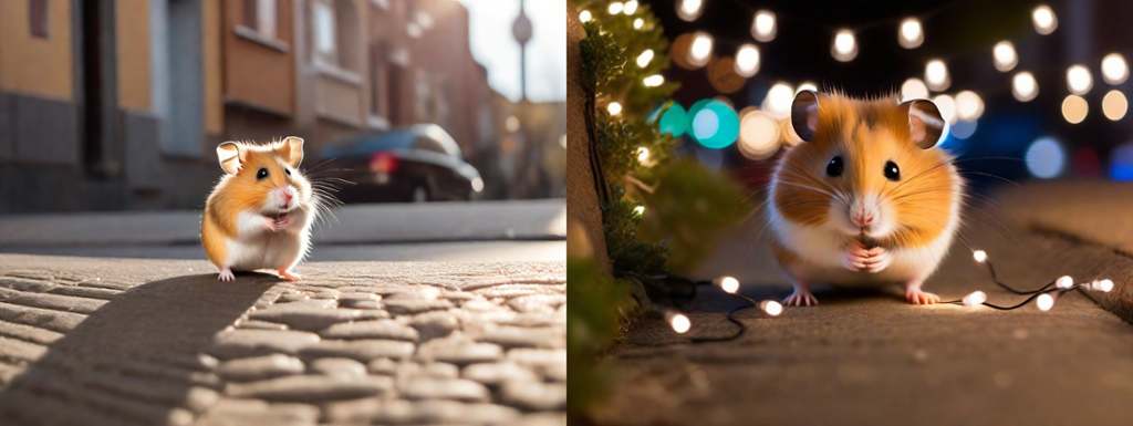 To KI-bilete side ved side, det eine viser ein hamster på ei gate i sollys, det andre viser ein hamster med julelys i bakgrunnen. Kollasj med to KI-foto.