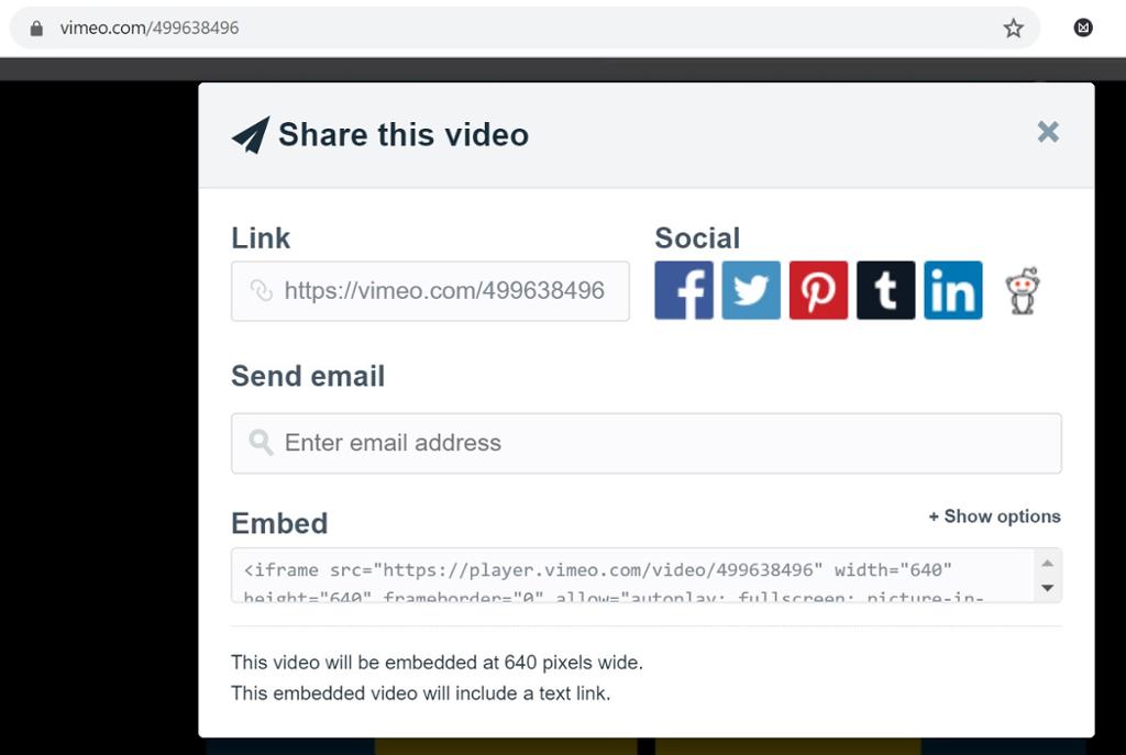 Ei rute med teksten "Share this video" og felt med link (URL), "Send email" og bygg inn-kode. Til høyre vises flere ikoner for sosiale medier. Skjermbilde. 