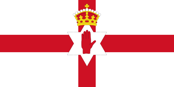 The Ulster Banner: a white flag with a red cross, with a red palm and a crown in the middle.  