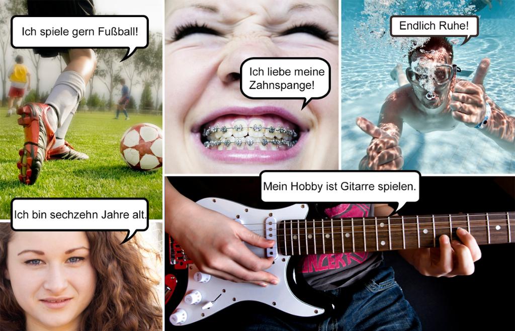 Fotografier som viser hobbyer som fotball, svømming og gitarspilling, og ungdommer som forteller om seg selv. Kollasj.