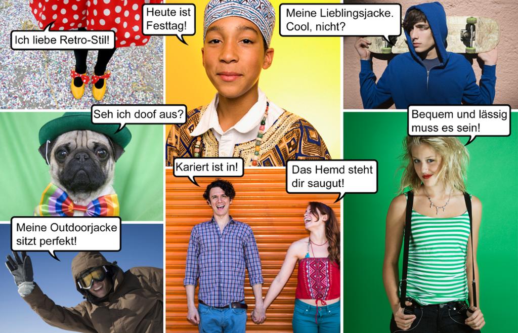 Unge mennesker som stolt viser fram klær til utendørs- og festbruk, med og uten motepreg. Og en liten mops som har fått på seg tirolerhatt. Kollasj.