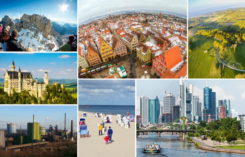 Geografi-kollasj med bilde av moderne storby, industriområde, middelalderby, slott, fjell, skogsområde, strand og hav i Tyskland. Fotografier.