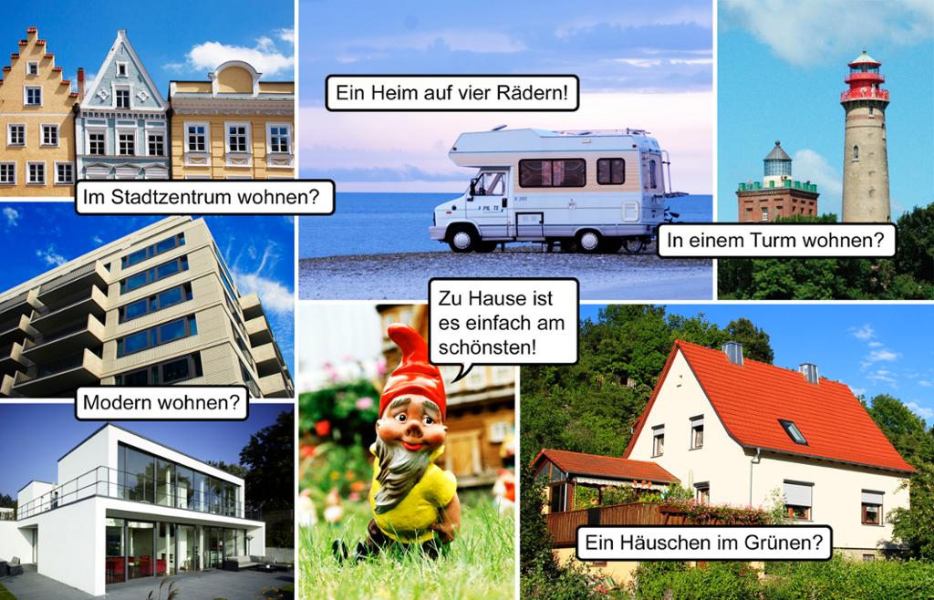 Kollasj som viser flere typer boliger, både i byen, i innlandet og ved kysten.