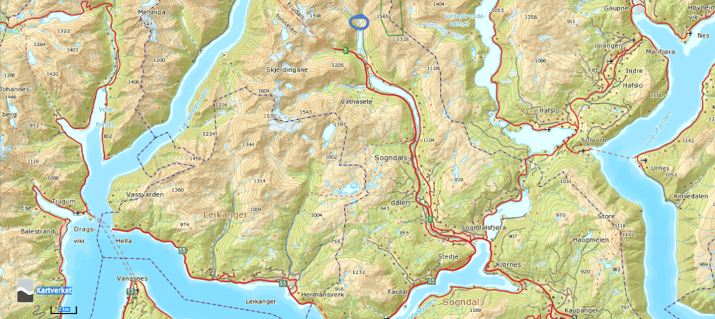 Kartutnitt som viser beliggenheten for Anestølen i Sogndalsdalen. Skjermdump.