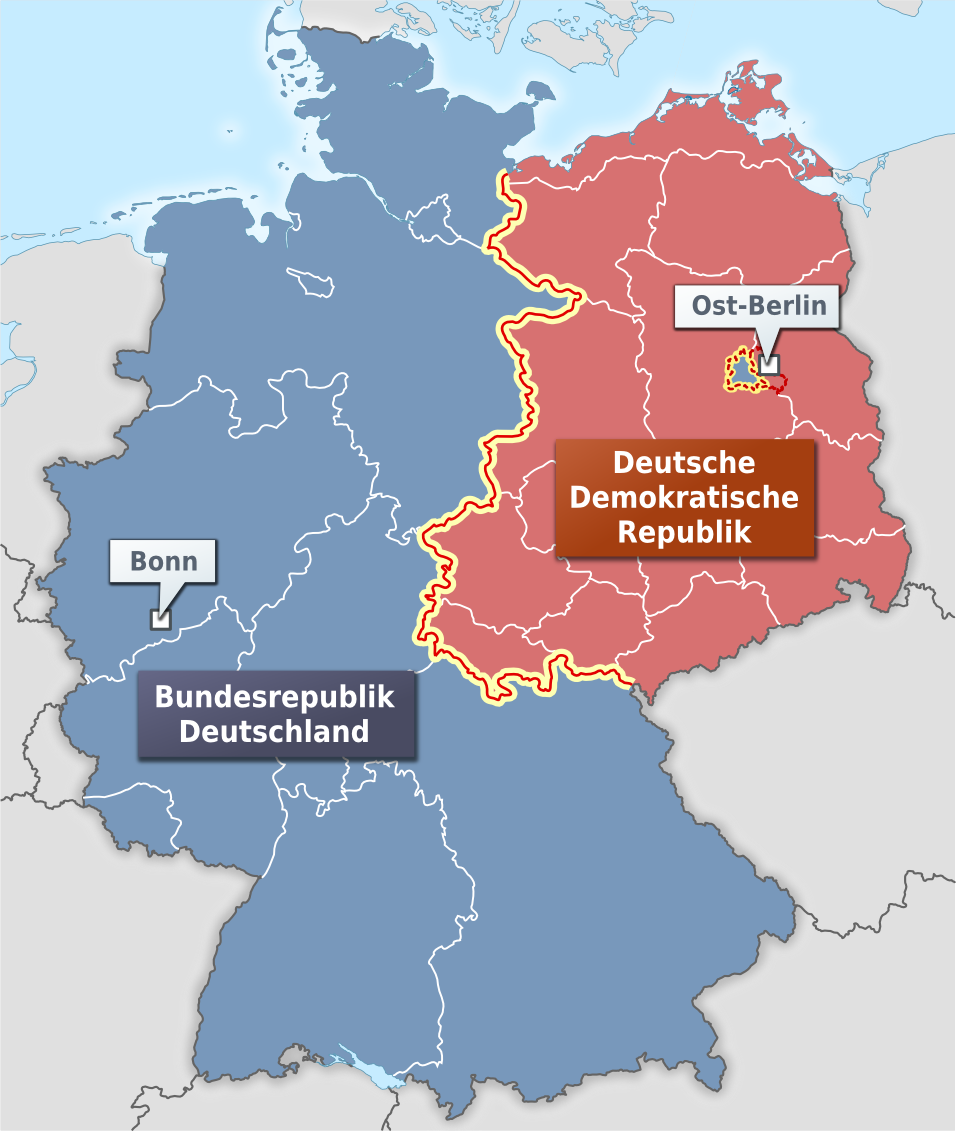 Kart over de to tyske statene (1949-1989) og det delte Berlin.