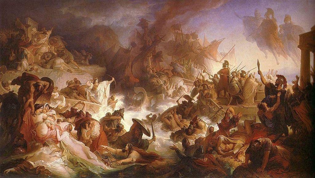 Slaget ved Salamis mellom ein allianse mellom greske bystatar og Persia. Måleri.