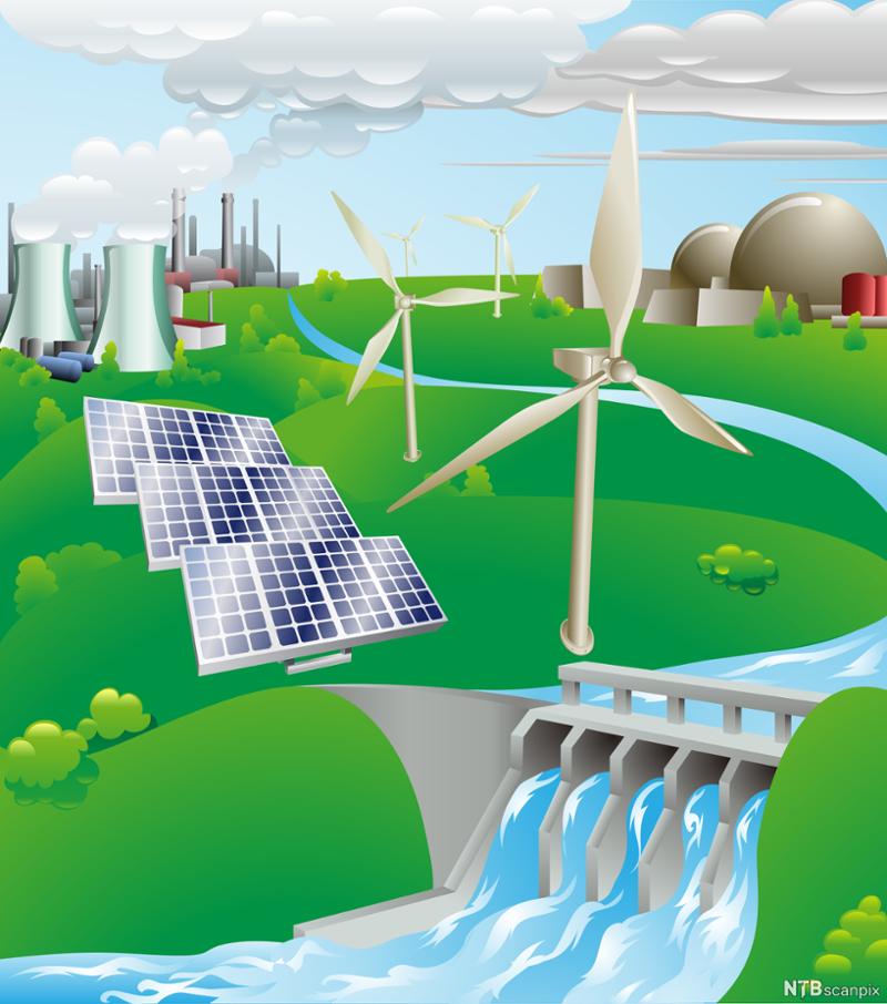 Ulike kraftstasjoner (vannkraft, vindkraft, solceller, atomkraft). Illustrasjon.