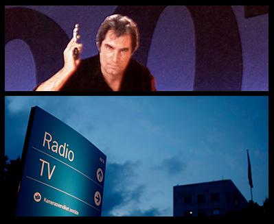 kollage som viser NRK-bygget og James Bond i filmen Licence to kill
