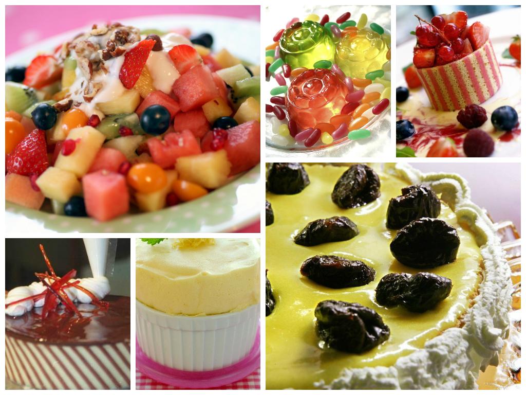 kollasj med bilder av kalde desserter