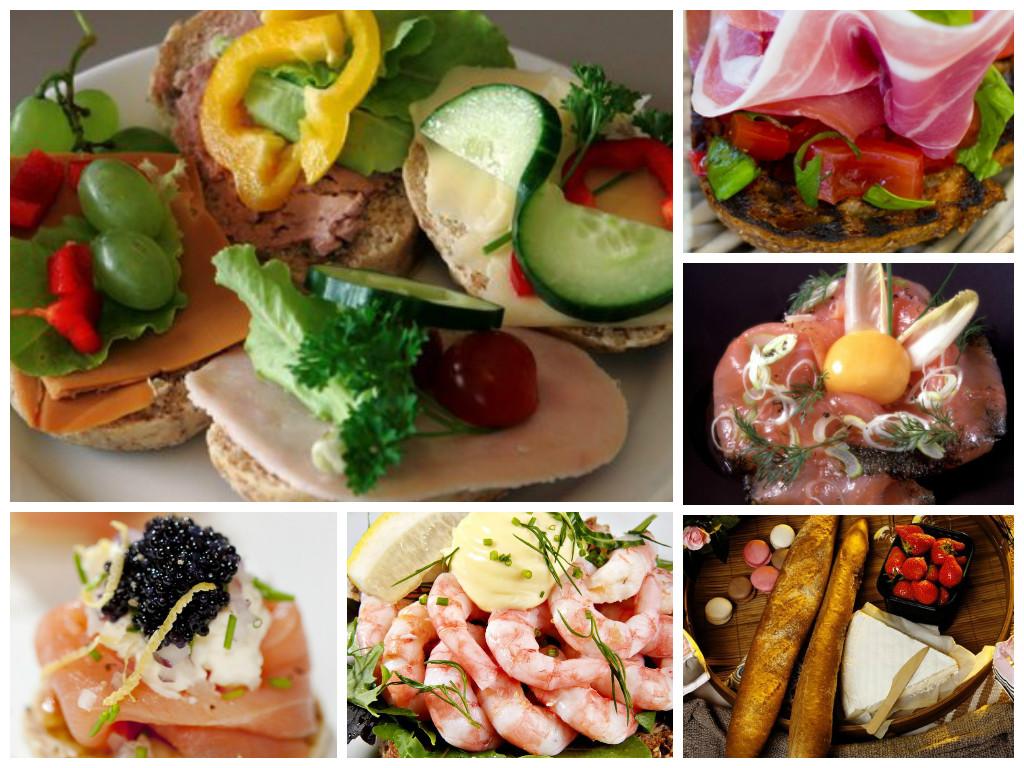 en kollasj med forskjellig påsmurt brødmat