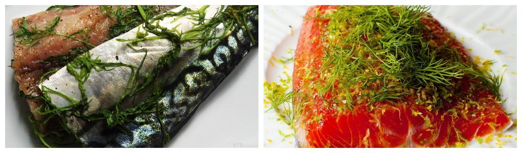 kollasj med gravet fisk, gravet makrell og gravet laks
